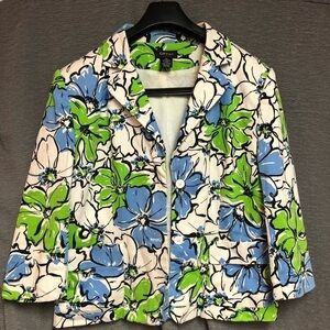 Citi silk 14 stretch 2 button jacket, blue green black, white shoulder pads